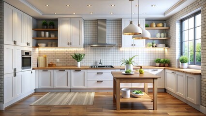 1. The modern kitchen exudes elegance with light walls, crisp white cabinetry, and a sleek ceramic tile backsplash.