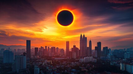 Fototapeta premium Dramatic view of a partial annular solar eclipse over Kuala Lumpur, with vivid colors highlighting the celestial event against the skyline