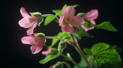 Fototapeta premium Close-up of delicate pink flowers with lush green leaves against a black background, highlighting the intricate veining and vibrant colors.