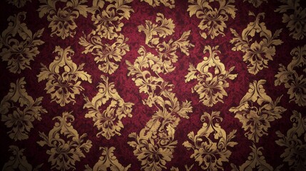 An ornate Victorian-style wallpaper featuring a repeating pattern of floral motifs in deep burgundy and gold. The design is intricate and detailed, with curling vines and blooming roses set against a