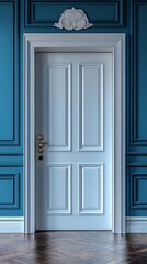 White Door with Gold Hardware in a Blue Room with Wood Floor - 3D Render