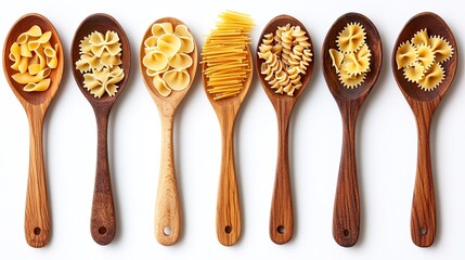 Wooden spoons with different types of pasta. Great for food blog, recipe, or pasta packaging.