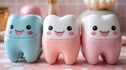 Obraz premium Three cute cartoon teeth in different colors.