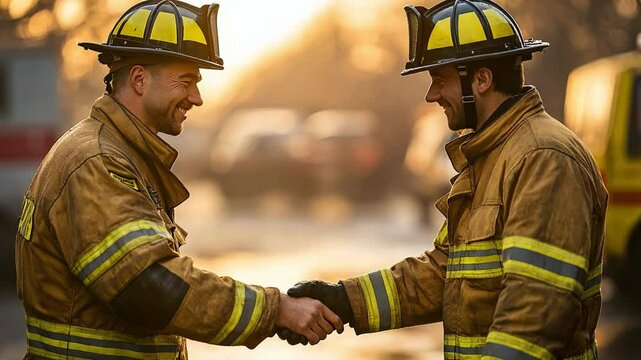 Two firemen exchanging high fives following a successful fire exercise
