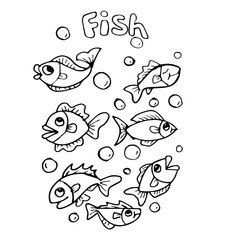 Cute fish doodle set. Vector collection of cartoon outline sea abodes.  Doodle black and white illustration for kids.