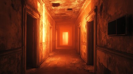 Fiery light illuminates a mysterious corridor in an abandoned building, creating an enigmatic atmosphere during the evening hours