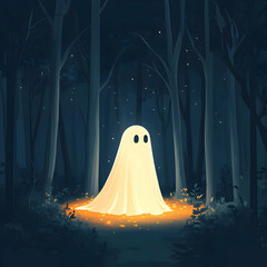 Flat Glowing Abstract Ghost Haunting concept as A dynamic glowing abstract digital art of a ghost haunting a dark forest. The scene features eerie floating light trails and shadowy trees ideal for Hal