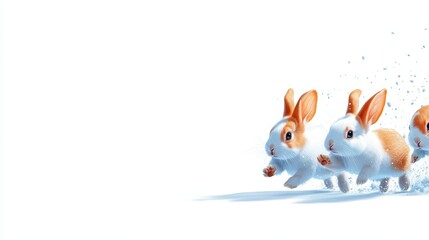 Obraz premium Three adorable rabbits running playfully across a white background, showcasing joy and energy in a delightful scene.
