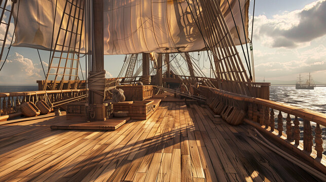View of an old wooden sailing ship's deck with intricate rigging bathed in warm sunlight, with the sea and another ship in the background.
