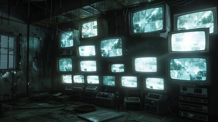 Dimly lit room filled with old CRT monitors displaying security footage creating an eerie, abandoned atmosphere.