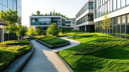 Modern office complex surrounded by lush greenery and pathways.