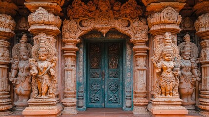 Fototapeta premium A beautifully decorated Hindu temple entrance, intricate carvings, and vibrant colors, with ample copy space.