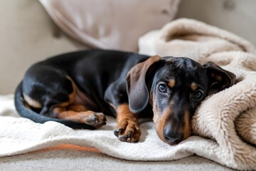 Curled up on a blanket, a Dachshund puppy finds warmth, relaxed and content