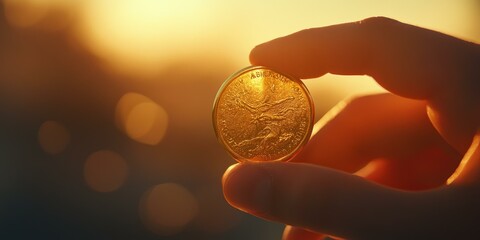A hand holds a gold coin at sunset.