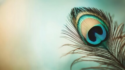 Obraz premium A close-up of a Hindu sacred peacock feather with a soft background and copy space.