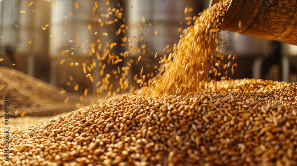 Poster a large pile of grain is being poured out of a container