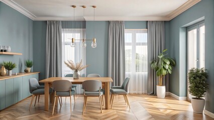 Fototapeta premium A minimalist room with a light blue-gray accent wall and wooden parquet flooring. 