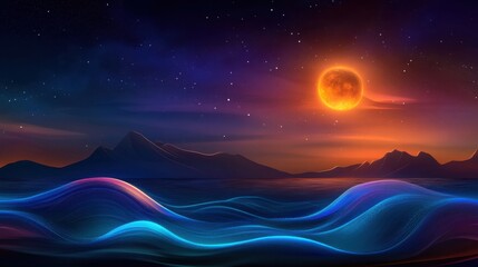 Nighttime beach, glowing bioluminescent waves