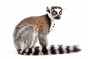 a lemur sitting on a white surface with a white background