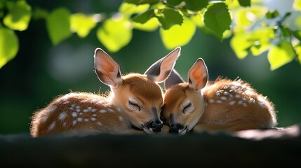 Fototapeta premium Two adorable fawns cuddling peacefully in a sunlit forest. A serene moment of wildlife beauty and innocence captured in nature.