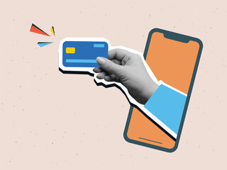 Hand taking out a  plastic credit card from the phone. Shopping, payment. Trendy collage style. Vector illustration
