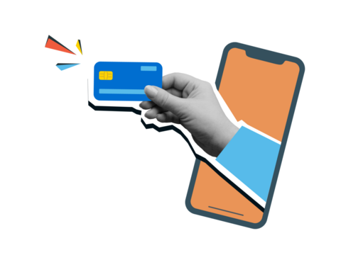 Hand taking out a  plastic credit card from the phone. Shopping, payment. Trendy collage style. Illustration on transparent background