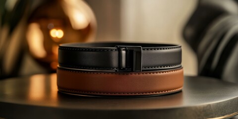 Fototapeta premium Two leather belts, one brown and one black.