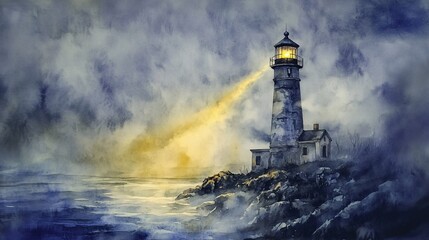 watercolor illustration of a haunted lighthouse piercing the fog with a beam of light.