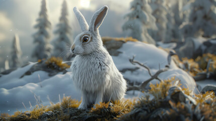 Obraz premium A white hare with brown eyes sits attentively amid a snowy, forested landscape, surrounded by frosty trees and a serene winter backdrop.