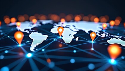 Obraz premium Futuristic Digital Global Network - Glowing Location Pins Connected by Blue Energy Lines on 3D Planet