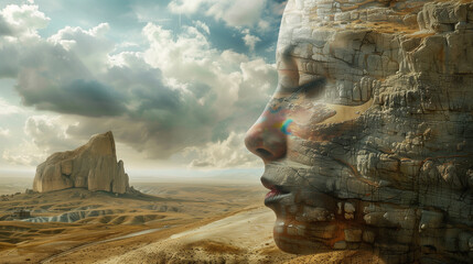 Surreal image of a face resembling rock formations in a desert landscape with dramatic, cloudy skies, evoking themes of nature, serenity, and mysticism.