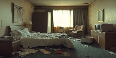 A messy abandoned hotel room with a bed, chair, and