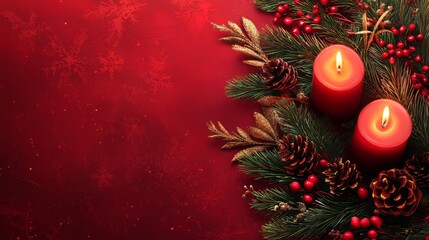 Red Christmas Background with Candles  Pine Cones  and Berries