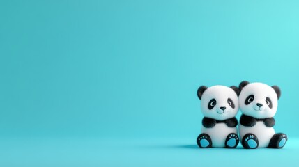 Fototapeta premium Two adorable panda figurines sit together against a vibrant blue background, perfect for children's themes and nature lovers.