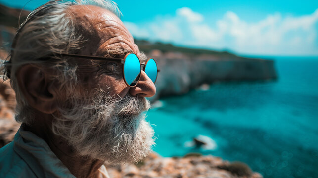 Elderly Caucasian man wearing reflective sunglasses, gazing at the turquoise ocean waves under a clear blue sky, with cliffs in the background.