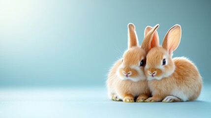 Fototapeta premium Two adorable rabbits cuddling together, showcasing their soft fur and gentle eyes in a serene setting.