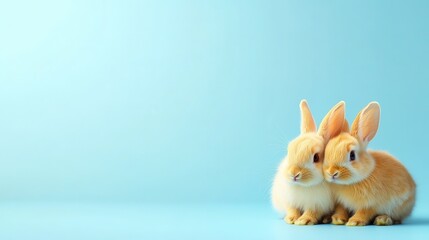 Obraz premium Two adorable rabbits cuddle together against a soft blue background, symbolizing love and companionship.