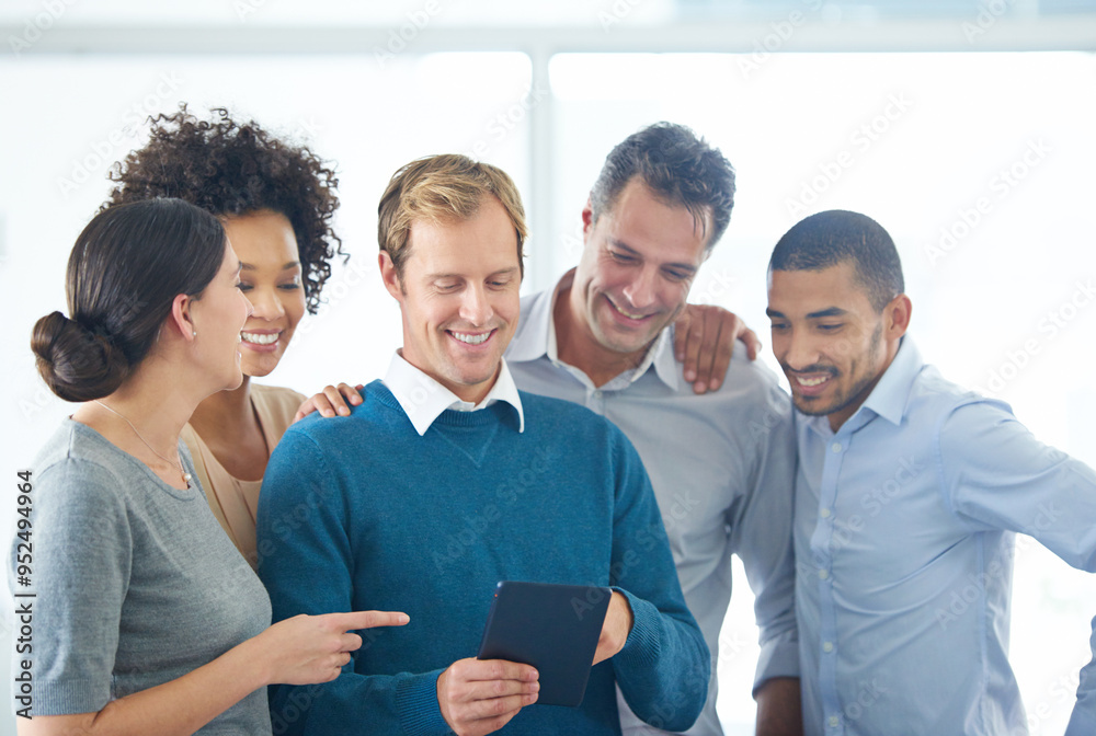 Poster group, happy business people and discussion with tablet for research or planning at creative startup