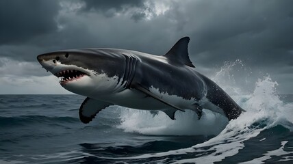 Naklejka premium A powerful great white shark is captured mid-leap, its massive jaws wide open as it breaches the ocean's surface.