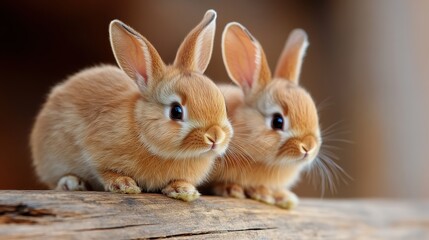 Obraz premium Two adorable rabbits sitting closely together on a wooden surface, showcasing their soft fur and playful expressions.