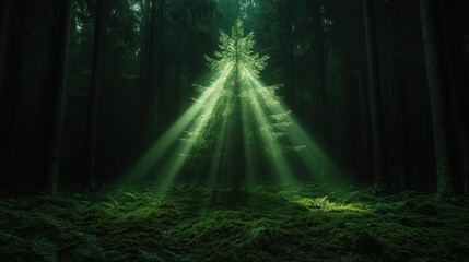 Obraz premium Sunlight pierces through the thick canopy of a lush green forest, casting radiant beams of light across the tranquil woodland floor.