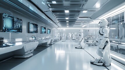 Obraz premium Futuristic design lab with holographic screens and robotic assembly High-tech clean lines minimalist sterile environment detailed 3D robots