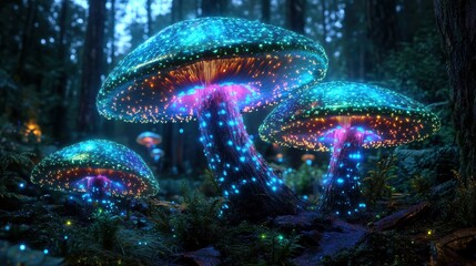 A cluster of glowing bioluminescent mushrooms illuminates a dark, enchanted forest, creating a magical and otherworldly atmosphere.
