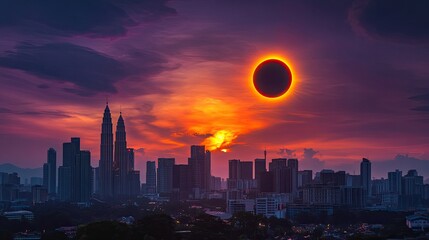 Fototapeta premium Kuala Lumpur skyline under the dramatic colors of a partial annular solar eclipse, showcasing the rare celestial event