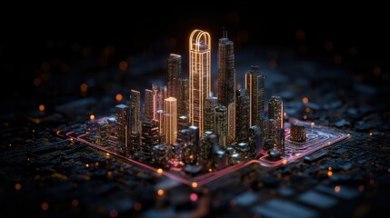 Fototapeta premium Neon gold lights illuminate a futuristic cityscape at night, highlighting the towering skyscrapers and the vibrant, technologically advanced urban setting.