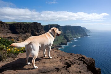 Labrador Retriever standing on a cliff, gazing over a panoramic ocean view