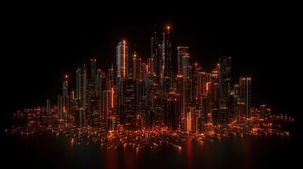Fototapeta premium From above, the nighttime cityscape reveals a cluster of brightly lit skyscrapers surrounding a glowing central tower.