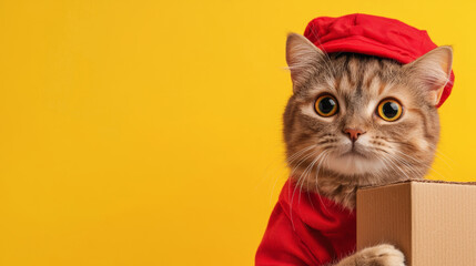 Adorable cat wearing a red outfit and hat, posing with a box against a bright yellow background. Cute and playful feline scene.