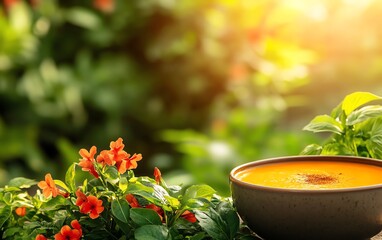 Climateconscious Haitian joumou soup, made with organic pumpkin and vegetables, served in a ceramic bowl with a backdrop of the Citadelle Laferriere