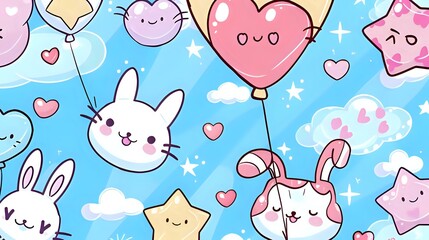 Cute kawaii background with chubby kittens, happy bunnies, and smiling stars